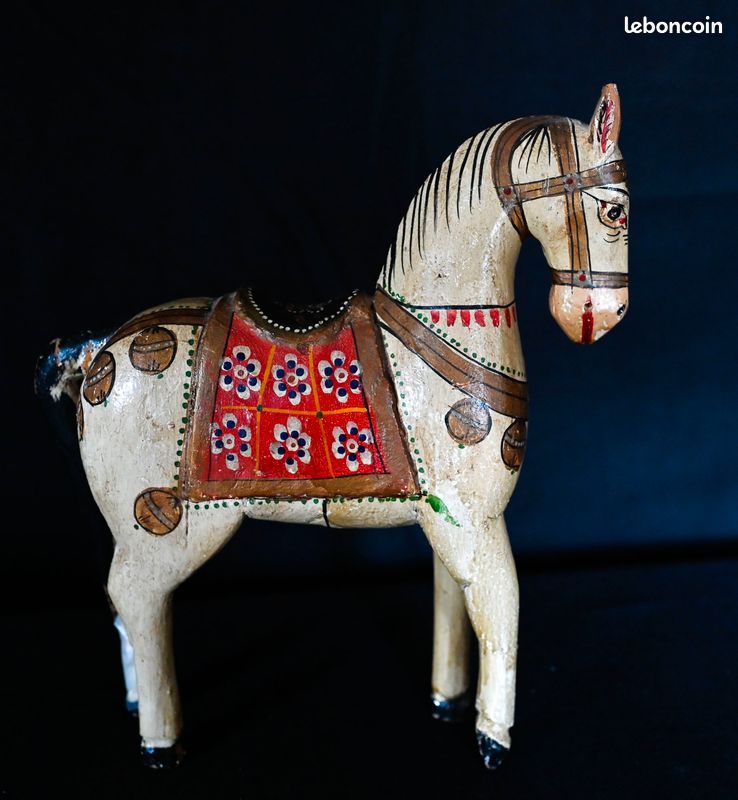 Cheval de mariage indien antique Ghodi peint à la main - Art Hindou du Rajastan - Figurine bois 26 cm (image 5)
