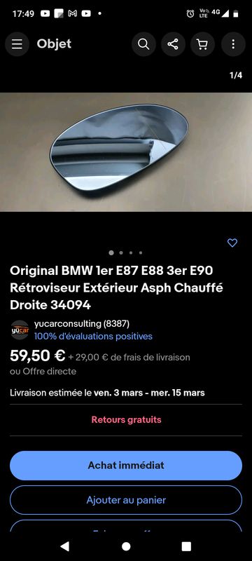 Glace rétroviseur Gauche BMW E87 E88 E90 electrochrome - Équipement auto