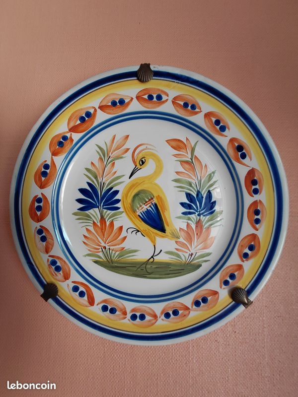 Lot de 4 belles assiettes décoratives Henriot Quimper (décor oiseau, héron et fleurs) (image 2)