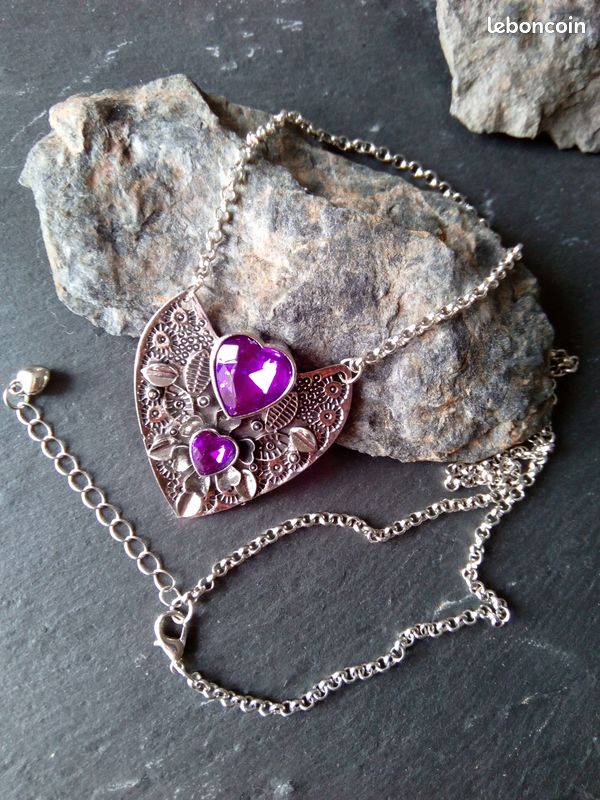 Collier Cœur Violet En Acier Argenté - Longueur 41-45 Cm - Bijoux Des Lys - Neuf