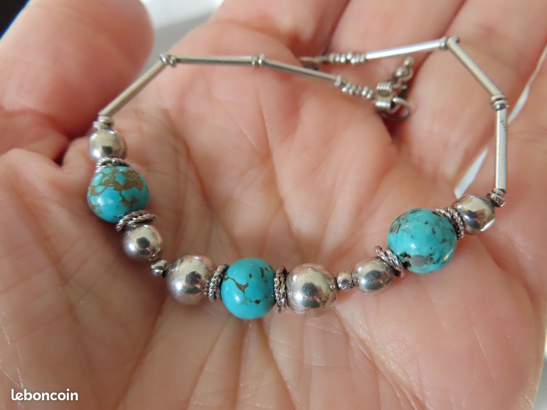 Bracelet Gourmette Ancien En Argent Massif 925 - Style Jonc Art Nouveau Avec Turquoise, Occasion