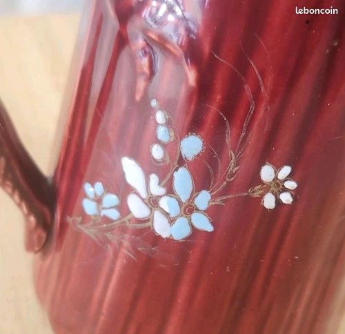 Ancien Rare Cafetière Rouge A Couvercle Barbotine Fleurs Émaillée KG LUNÉVILLE (image 13)