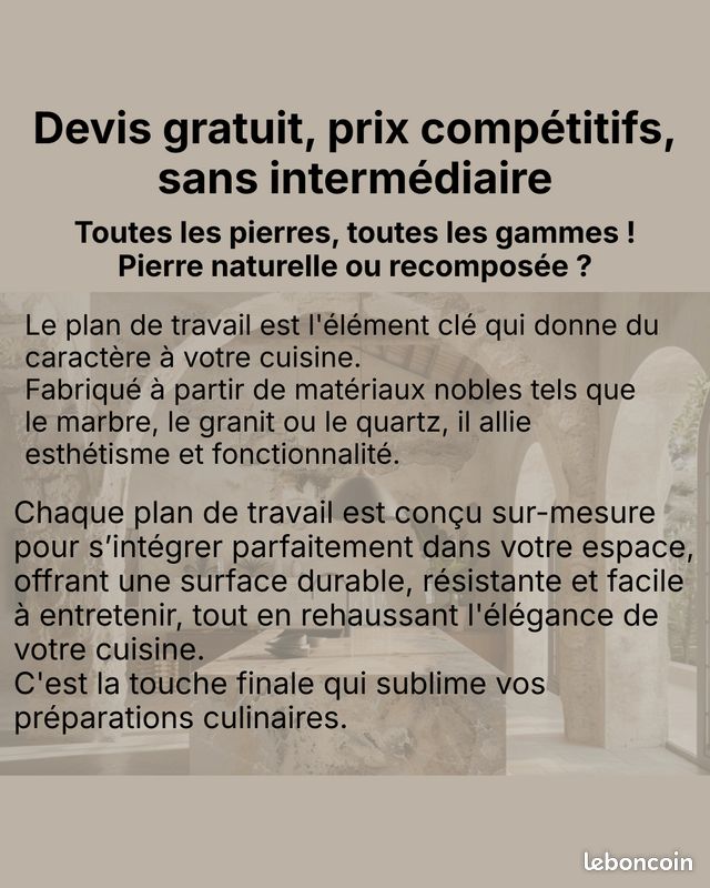 Plans de travail sur mesure đ pour cuisine â Granit, Quartz, Marbre, CĂ©ramique, Pierre (image 4)