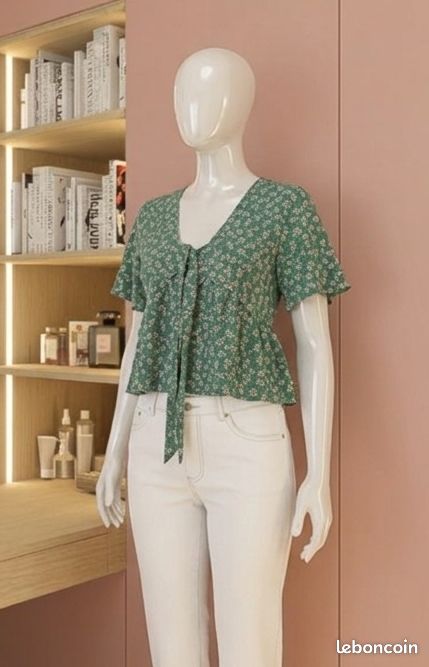 Top blouse motif fleurs vert S 36 (image 1)