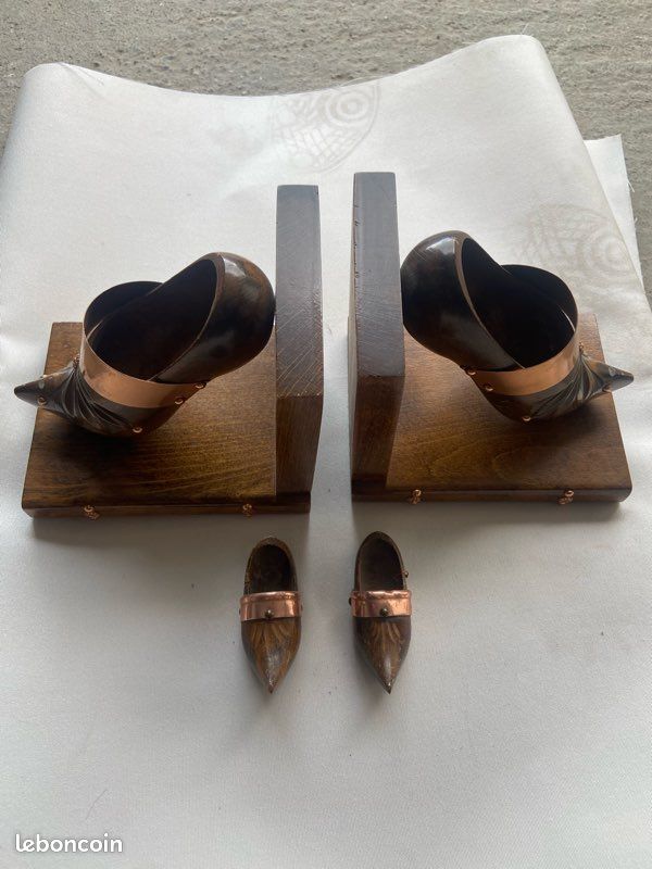 🪵 Paire de serre-livres vintage sabots bois & cuivre + 2 mini-sabots (image 1)