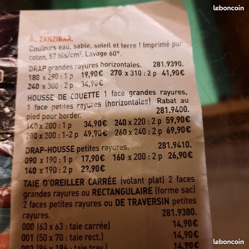 2taies traversin+1taie oreiller+1drap housse140x190Zanzibar Les3suisses (image 5)