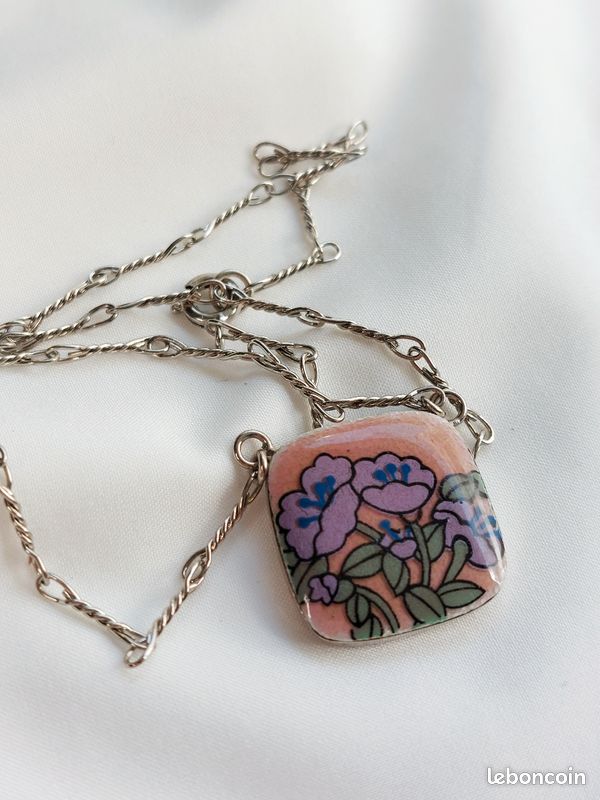 Pendentif Émaillé Art Nouveau Signé - Bijou Vintage Occasion