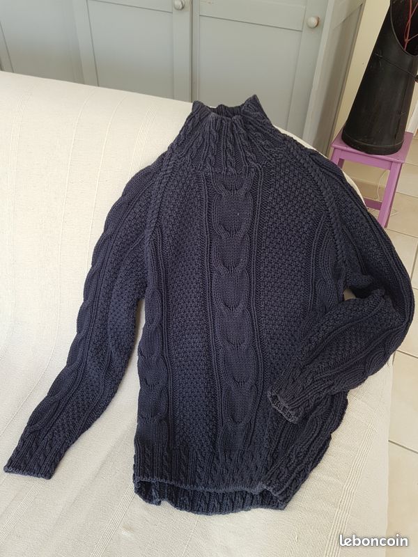 Beau pull torsadé irlandais 100 % coton bleu marine S M 36 38 (image 3)