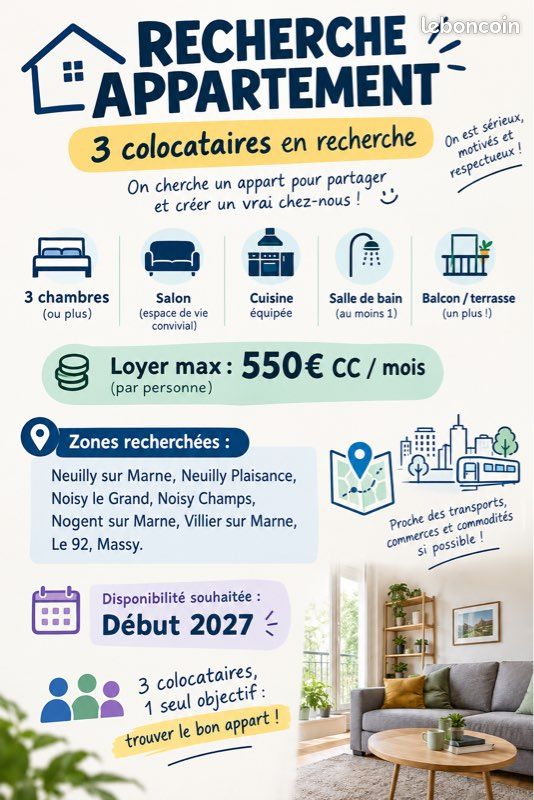 Appartement 4 pièces 70 m² · à Neuilly-sur-Marne · 70 m² · 500 €/mois