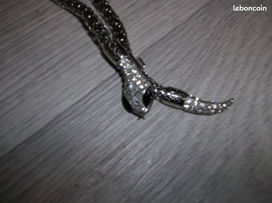 Collier Ras Du Cou Argenté - Chaîne Serpent & Pendentif Strass - Longueur 40+7.5 Cm