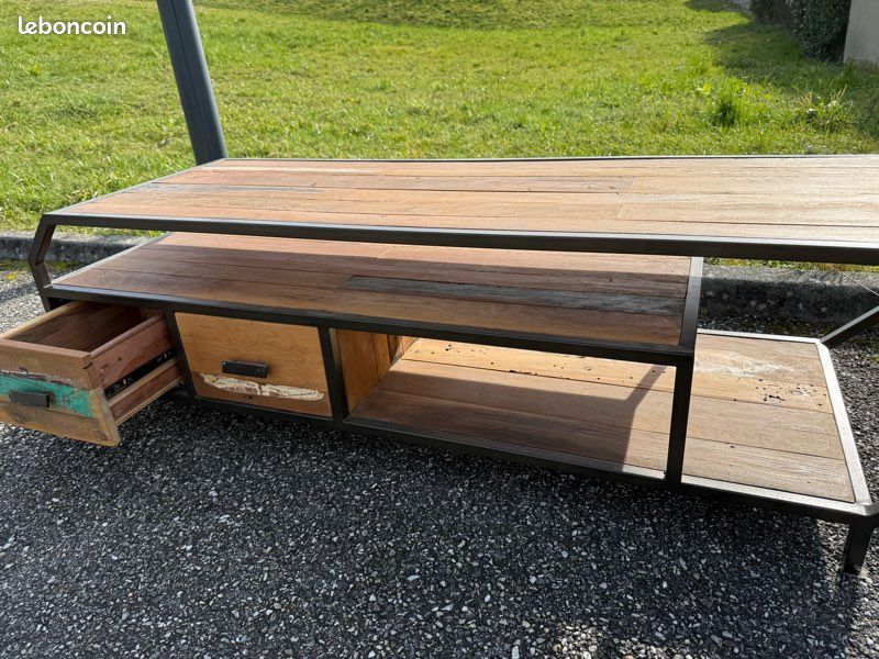 Meuble TV / table basse en bois de bateau et métal (image 1)