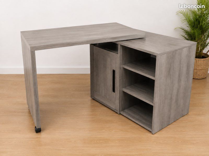 Meuble bar / console extensible avec plateau pivotant — coloris gris bois (image 2)