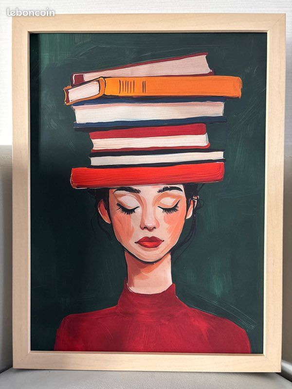 Toile affiche portrait femme livres tete rouge vert poetique retro art deco (image 1)