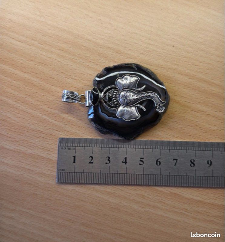 Pendentif Ancien En Argent Avec Onyx - Grande Taille - Occasion - Bijou Vintage