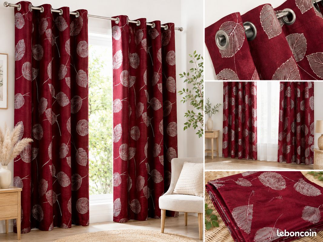 ✨Lot de 6 Rideaux bordeaux imprimé feuilles argentées 140x240 cm - prêt à poser (image 1)