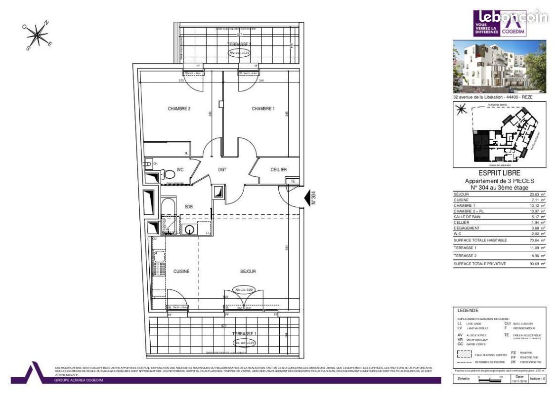 Appartement 3 pièces 70 m² · à Rezé · 70 m² · 832 €