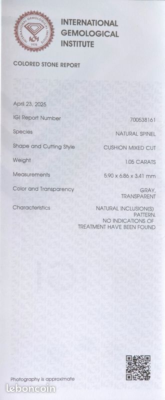 Spinelle gris naturel 1,05 ct certifié IGI – Non traité (image 9)