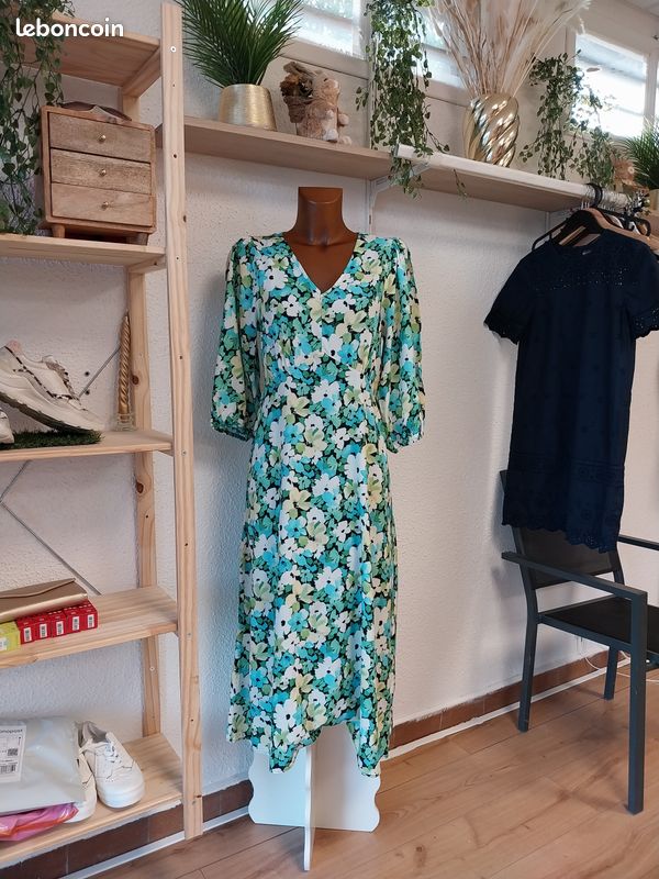 Robe mi-longue à fleurs bleu & vert Papaya (Matalan) - Neuf sans étiquette - Taille 40 (UK 12) (image 1)