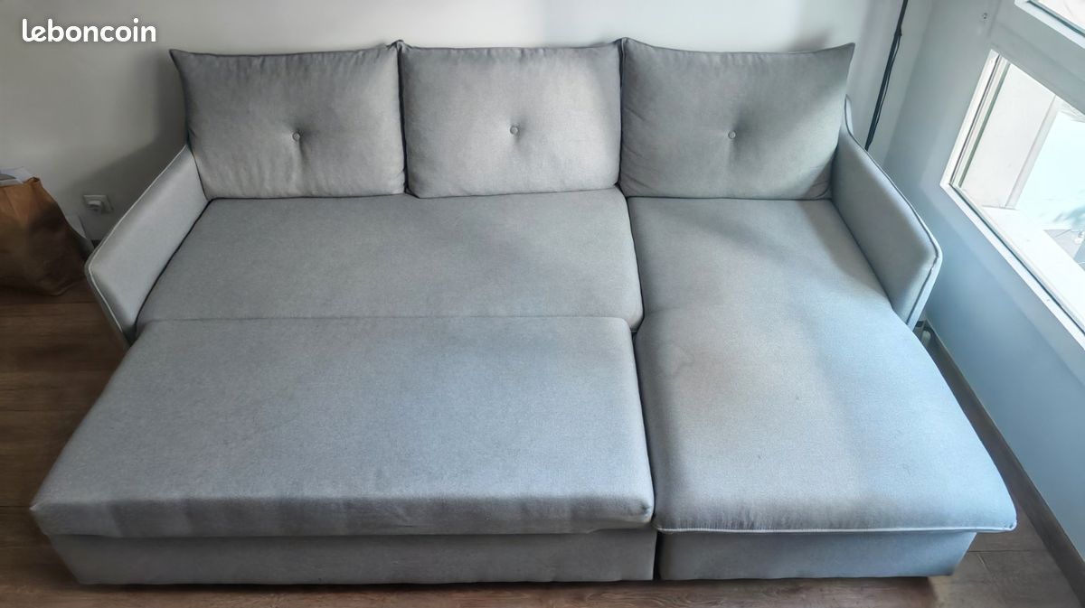 Canapé d’angle convertible + coffre de rangement – Bon état d’usage – Gris clair (image 3)