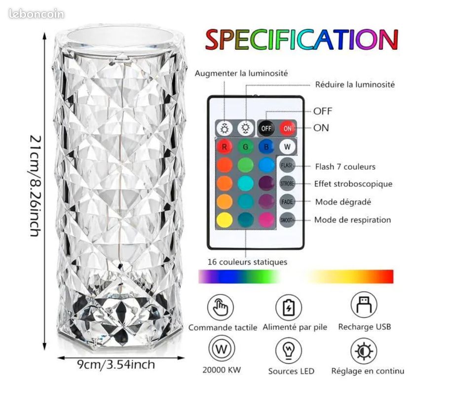 SOBEAU Lampe De Table Cristal Diamant RGB 16 Couleurs - LED Tactile + Télécommande - Ambiance Chambre Salon Fête