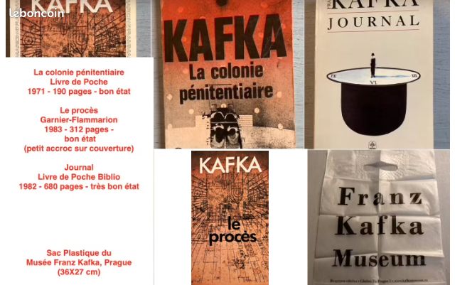 Franz Kafka : 3 Livres Collection De Poche (Journal-Le Procès-La Colonie Pénitentiaire) / 1 Sac Plastique Du Musée Franz Kafka, Prague (36x27 Cm) (image 1)