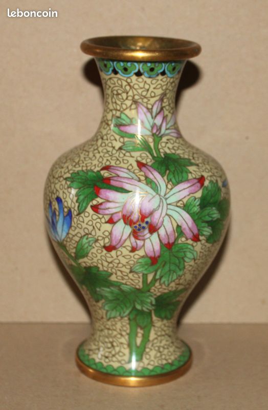 Vase en métal cloisonne émaillé décor floral - art asiatique (image 2)