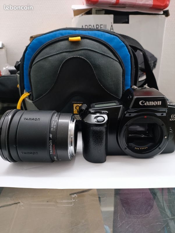 Canon EOS 1000 F 35mm + Objectif Tamron 80-210mm – Argenté/noir, état D'usage