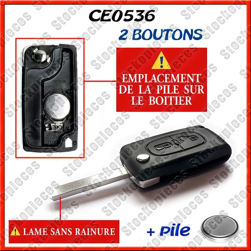 Coque Clé compatible Peugeot Partner Expert 207 307 308 2 bouton CE0536  lame va2 - Équipement auto
