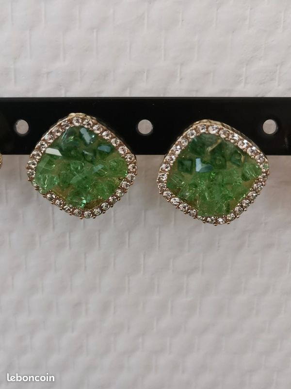Boucles d'Oreille - Effet Druzy Vert - Entourage Strass (image 7)