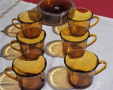 Vintage 5 tasses café/verre trempé fumé/orange marron/Duralex France/vaisselle française/rétro chic/design années 60-70/cadeau nostalgie - France