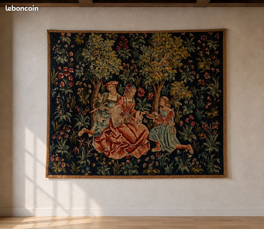 Grande tapisserie Jules Pansu – « La Dame au coffret » – Point d’Halluin (image 1)