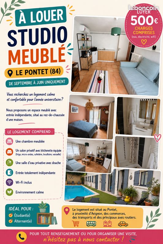 Appartement 2 pièces 25 m² · à Le Pontet · 25 m² · 500 €/mois