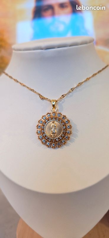 Pendentif Vierge Marie En Or 18K Blanc Et Jaune - Zirconium Cubique Et Nacre - Neuf Avec Étiquettes