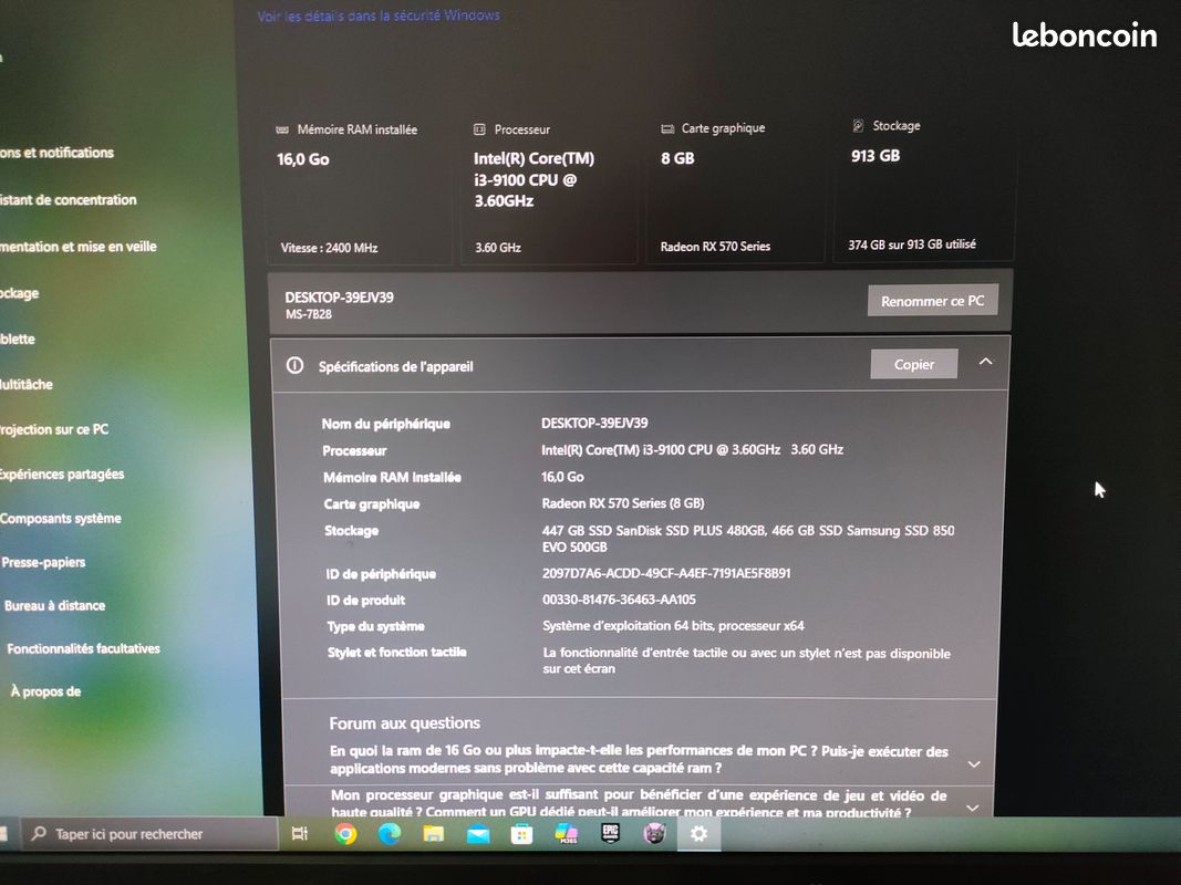 PC intel i3 9100 – Radeon RX 570 CG en parfait état (image 8)