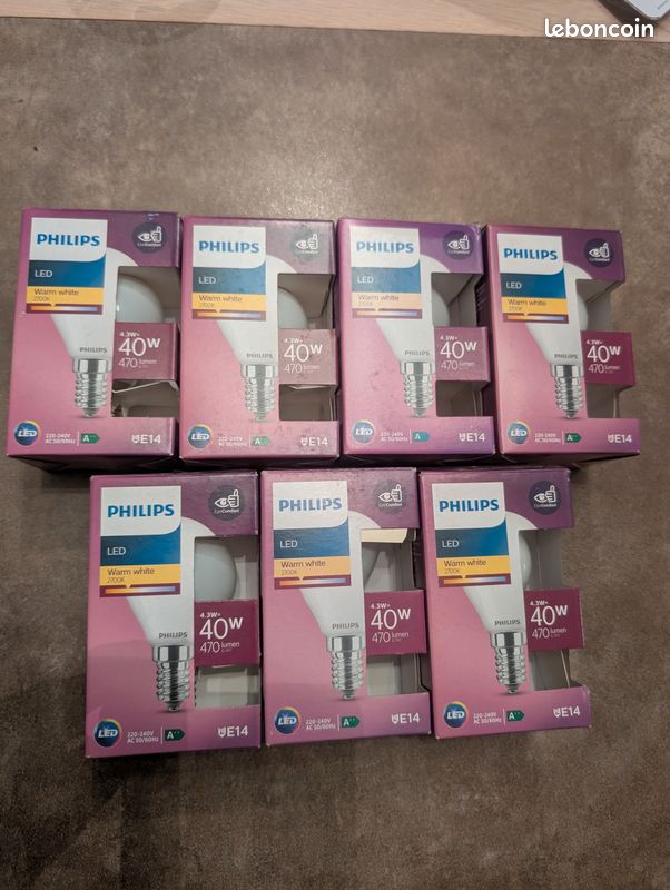 Lot de 7 ampoules LED Philips E14 – Blanc chaud 2700K – Équivalent 40W (image 1)