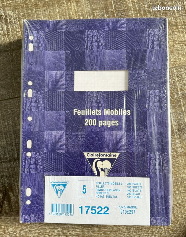 Lot de 5 paquets Feuilles mobiles perforées Format A4 200 pages Petits carreaux Claire Fontaine (image 1)