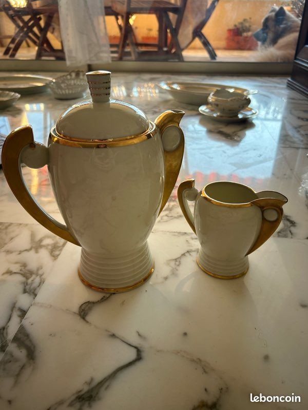 Service Thé/Café Art Déco Porcelaine de Limoges - Verseuse et Crémier Dorés (image 2)