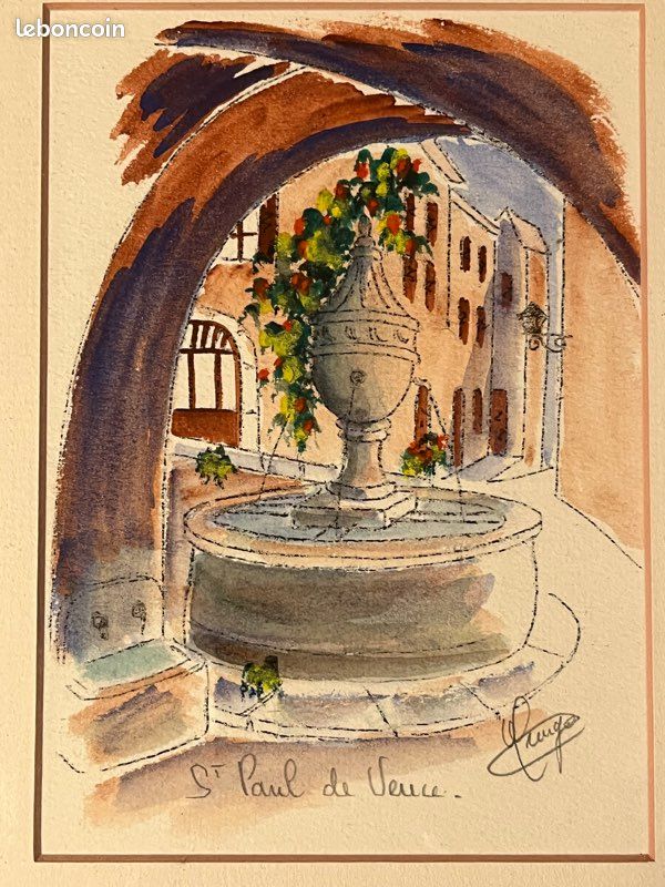 Aquarelle « Fontaine à saint Paul de vence «signée (image 2)