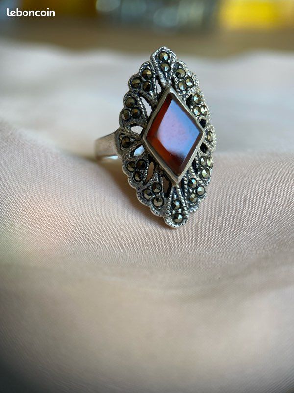 Bague Marquise Argent Massif Avec Marcassites - Taille 51/52 - Occasion
