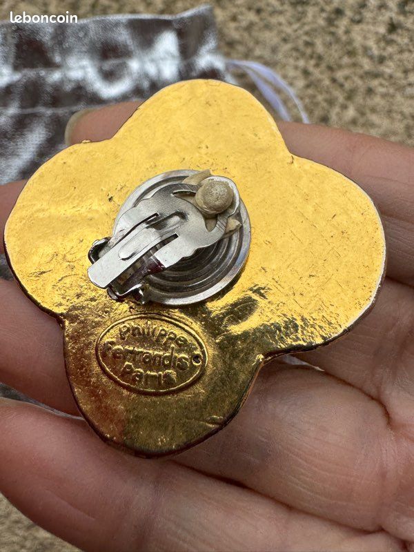 Boucles D'oreilles Vintage Clips Signées Philippe Ferrandis - Strass, Perles, Verre - Occasion