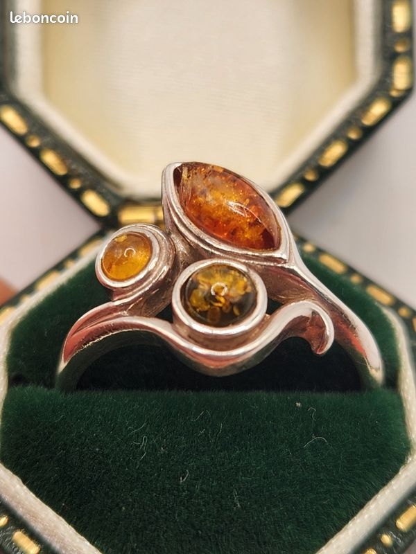 Bague Ancienne En Argent 925 Et Ambre - Taille 53 - Style Antique - Occasion