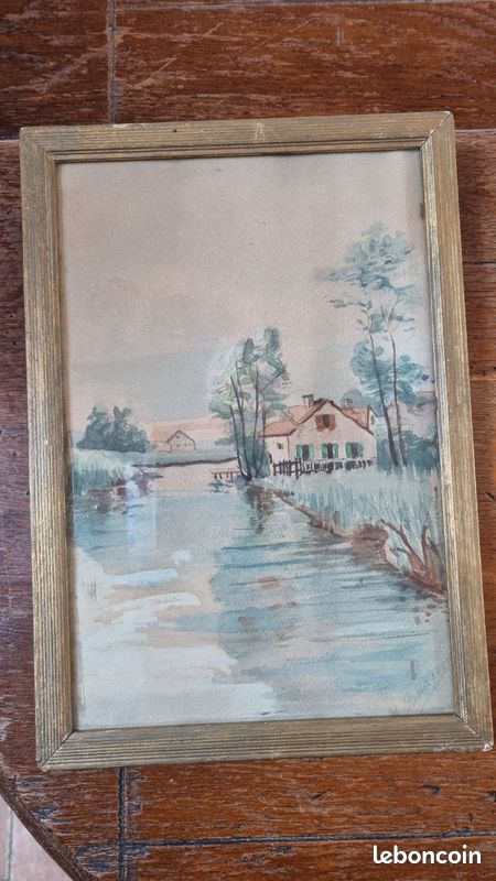 Jolie aquarelle ancienne sur papier - Paysage de bord de rivière (image 1)