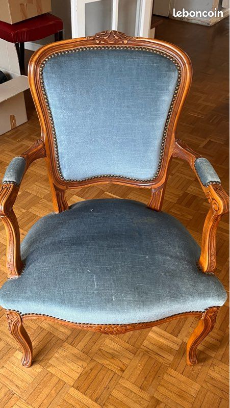 Fauteuil Louis XV Style Baroque – Bois De Hêtre Et Velours Bleu Et Marron – Neuf (made In Egypte)