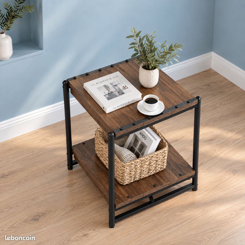 Table de Chevet Carrée Industrielle 2 Niveaux Bout de Canapé Table d'Appoint Effet Bois Vieilli Métal Noir 50 cm Rustique Campagne Chambre Salon (image 4)