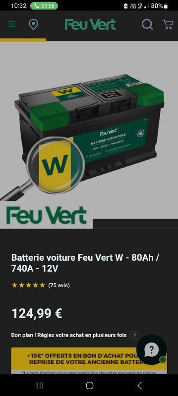 Batería de coche Feu Vert w 80ah 740a - Feu Vert