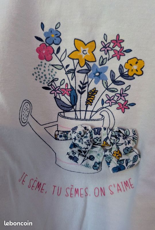 Haut manches longues bébé blanc motif fleurs et nœud (image 2)