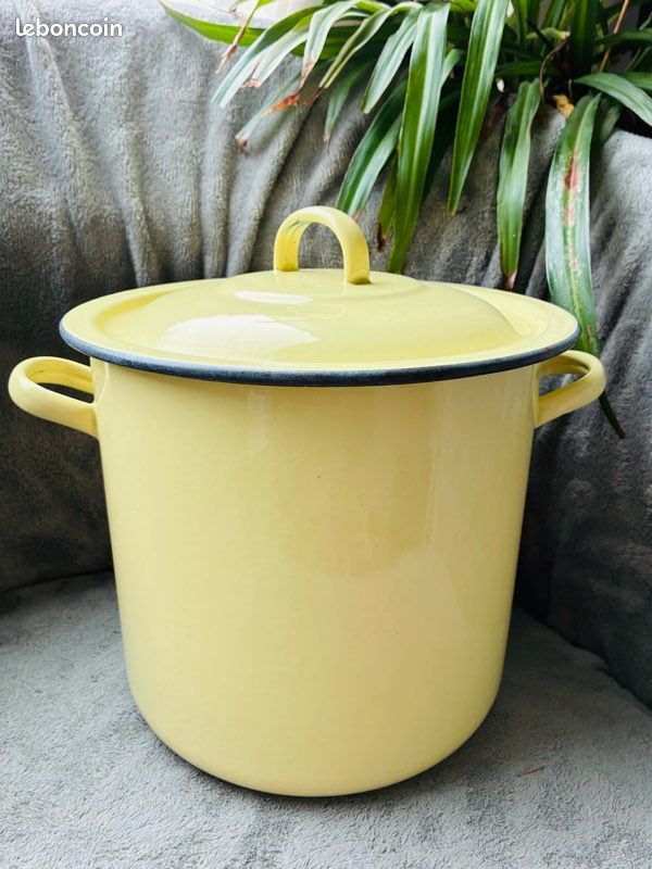 Grand Faitout émaillé Jaune - 7L+ - Tôle - Vintage - État TB - Gaz/Électrique