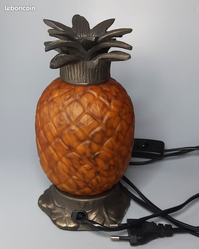 Ancienne et très belle lampe Ananas Pâte de verre ambre & métal patiné style Art Déco (image 9)