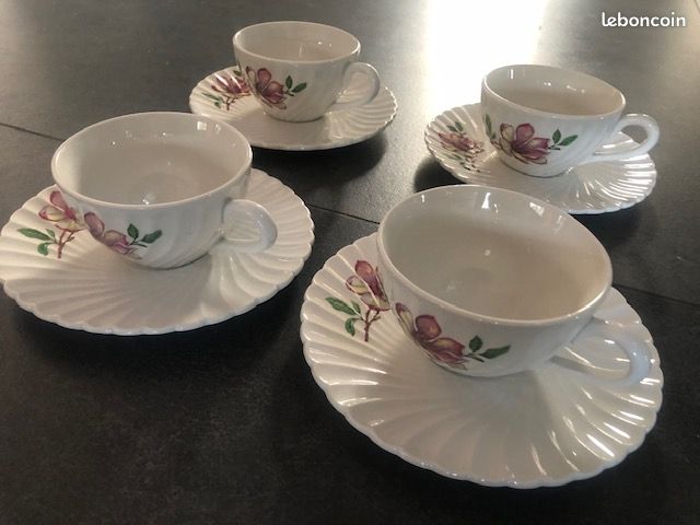 Ancien Service à Café KG Luneville Badonviller - 4 Tasses Et Soucoupes Blanc Et Bleu