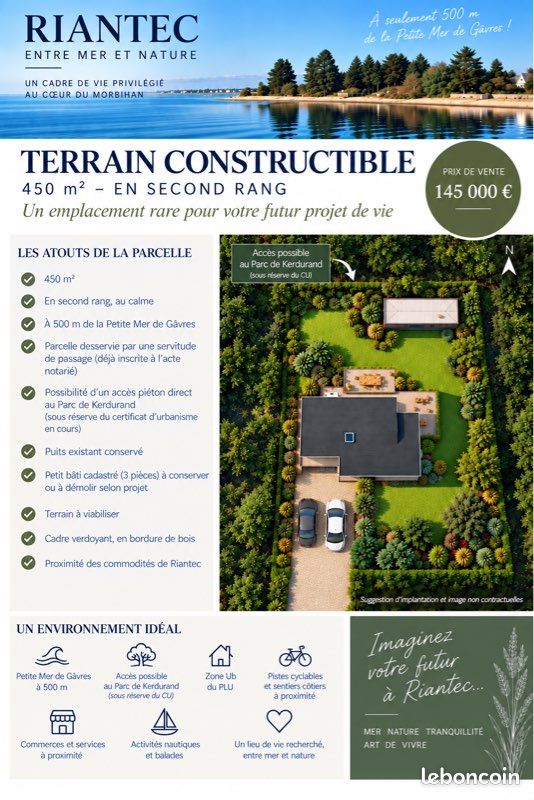 RIANTEC – Terrain constructible 450 m² – Parc de Kerdurand – Petite Mer de Gâvres à 500 m · 145 000 €